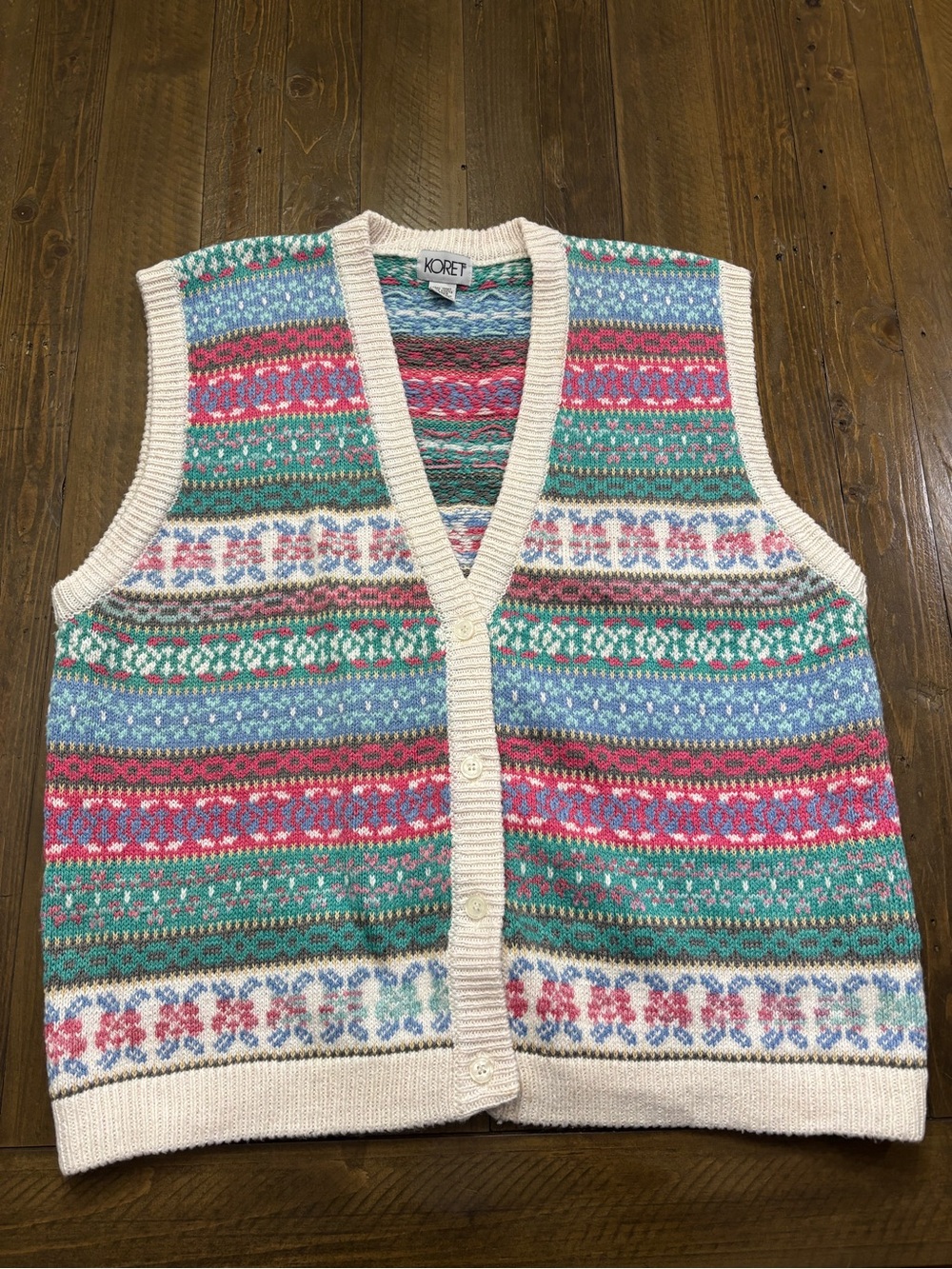 Koret Vintage Multicolor Fair Isle Knit Vest with Cream Trim